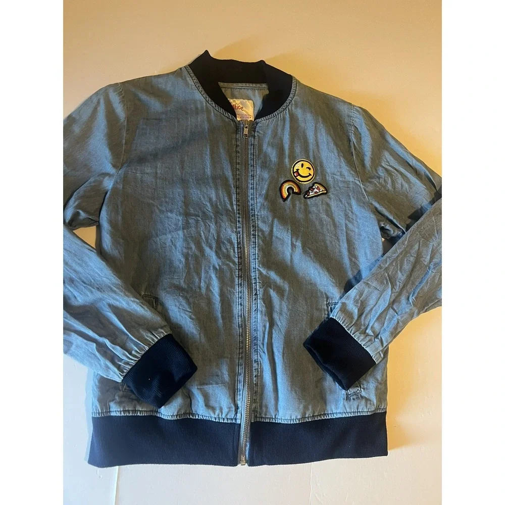 JUSTICE Sz 16/18 Jacket Denim Bomber Emoji Patches Coat Lyocell School Layering